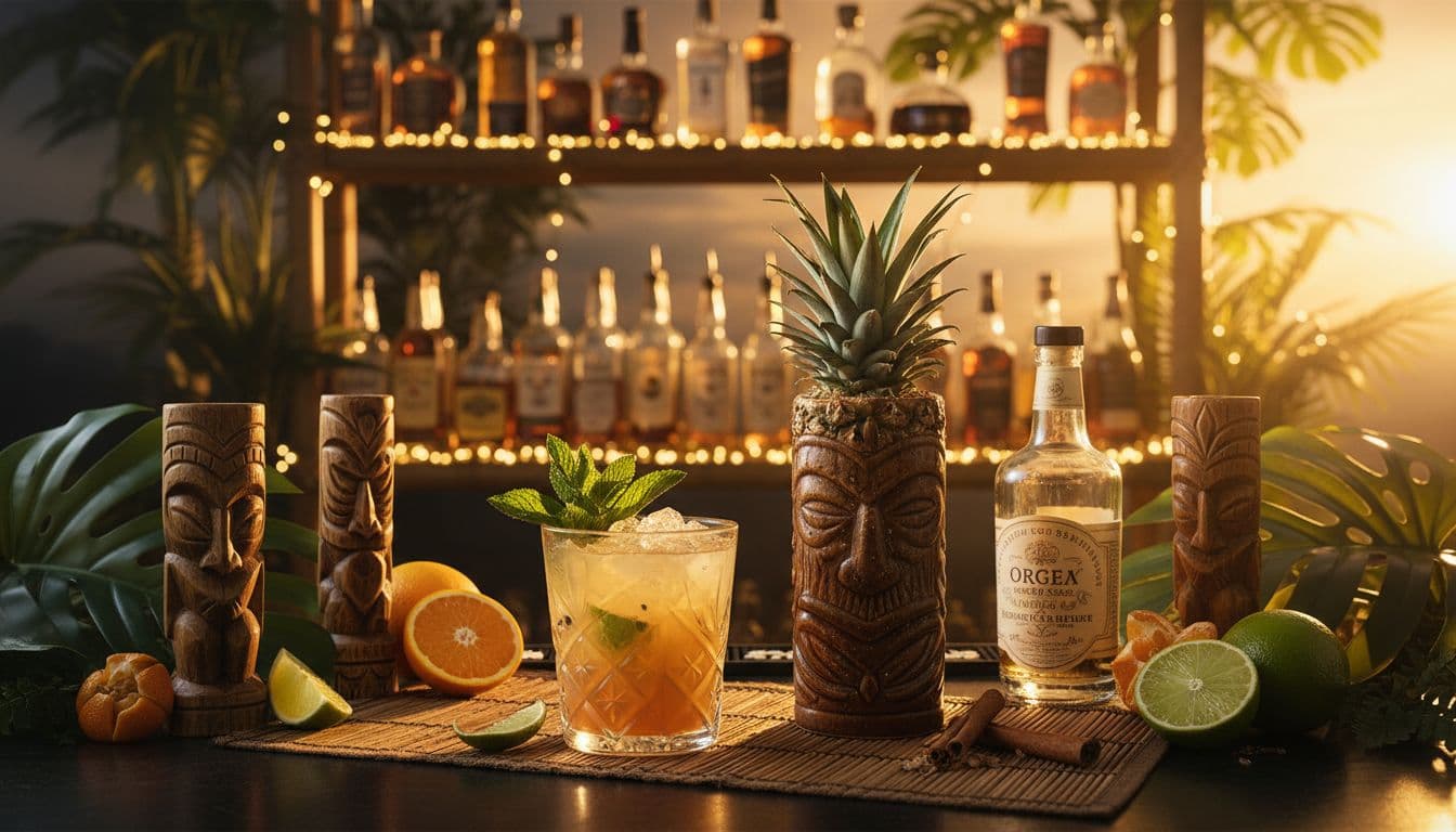 Tiki bar scene with carved idols, palm fronds, and vintage rum cocktails under warm tropical lighting