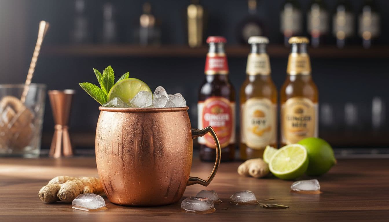 Chilled Moscow Mule in a copper mug beside several ginger beer bottles, lime wedges, and ice on a home bar.