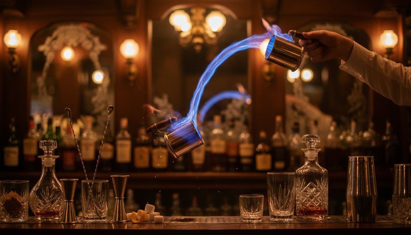 Victorian-era bar scene with a showman bartender performing the Blue Blazer with silver mugs and blue flame