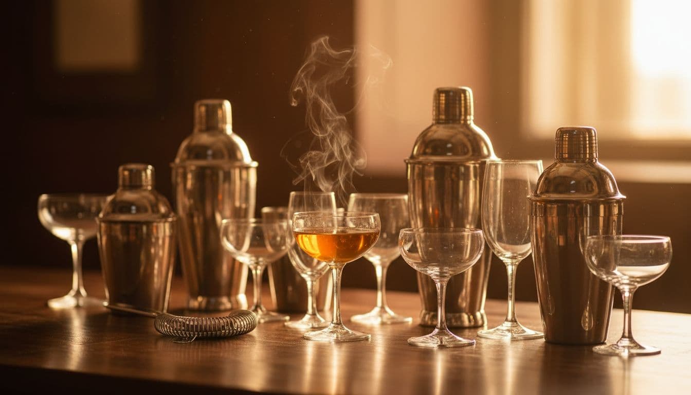 Vintage cocktail glassware and historical bar tools arranged on a mahogany surface with warm golden lighting
